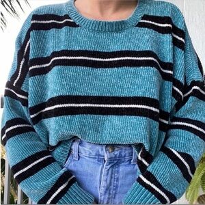Teal Blue Black Stripe Comfy Sweater XXL